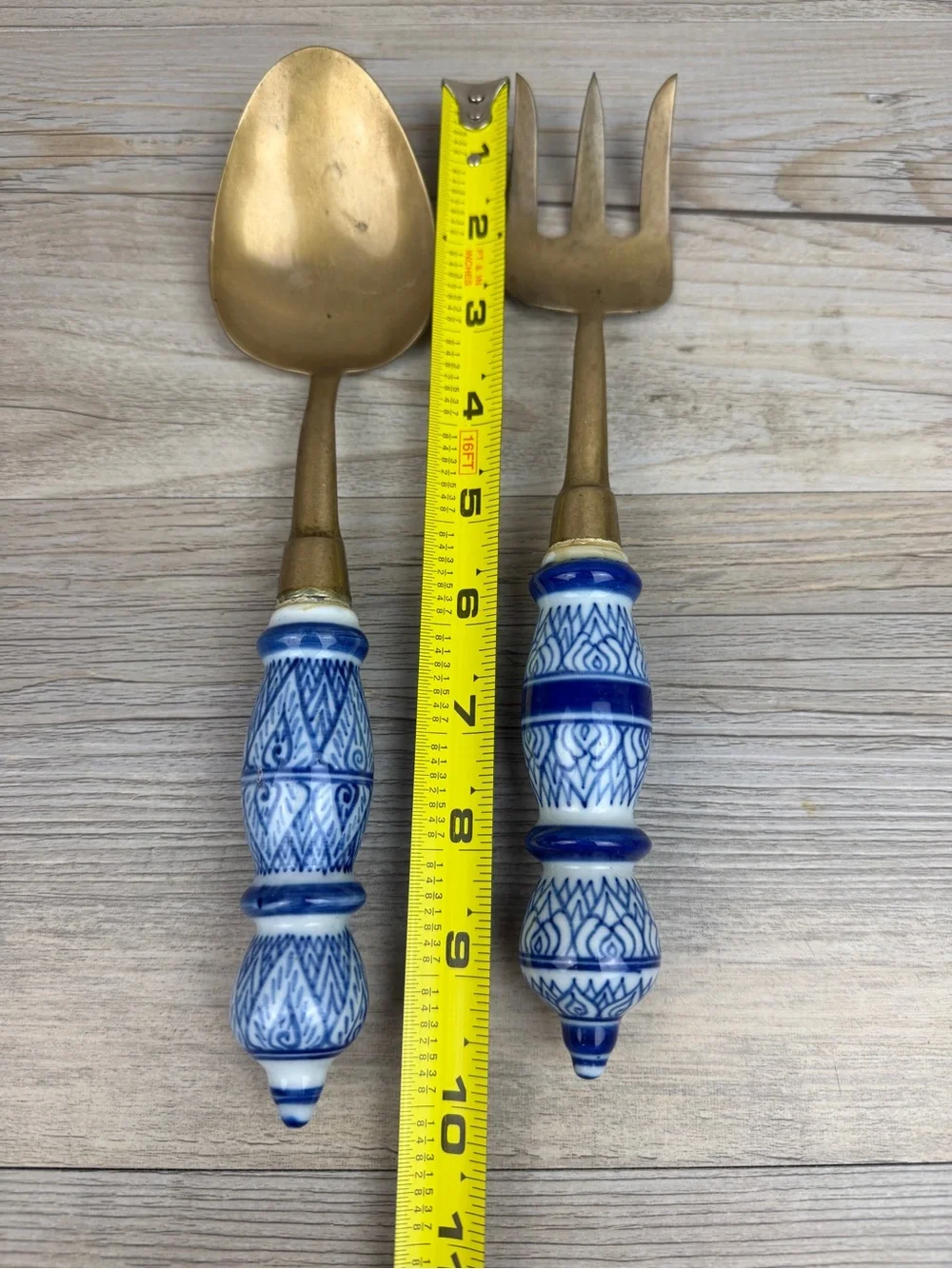 Brass Serving Utensils with Hand Painted Porcelain Handles Vintage